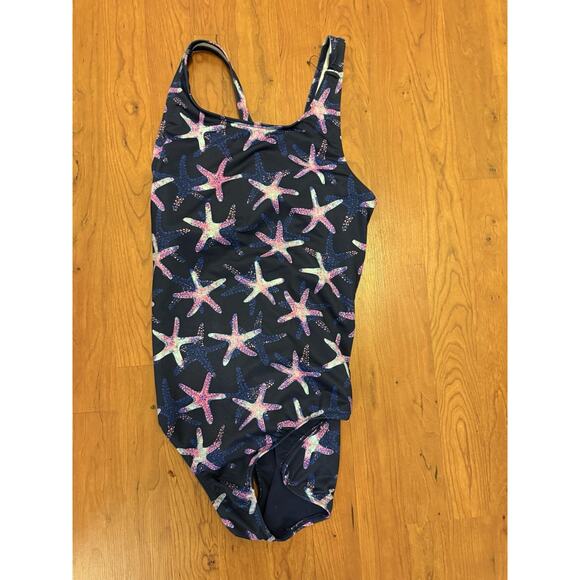 Lands End sz Youth XL BLUE SWIMSUIT 1pc girl bathing suit Starfish Print Colors - Picture 1 of 4
